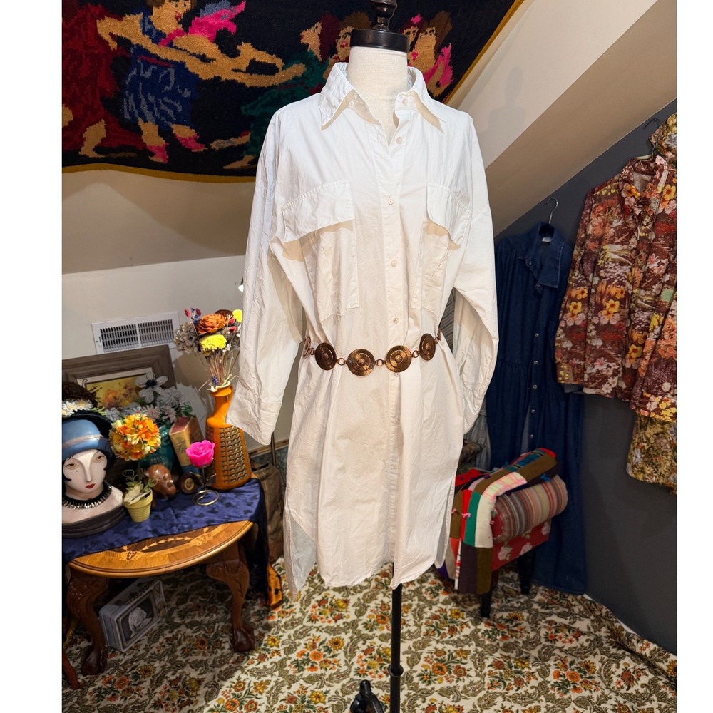 Blue Tassel White 100% Cotton Crisp Oversized Shirt Dress Back Button Detail